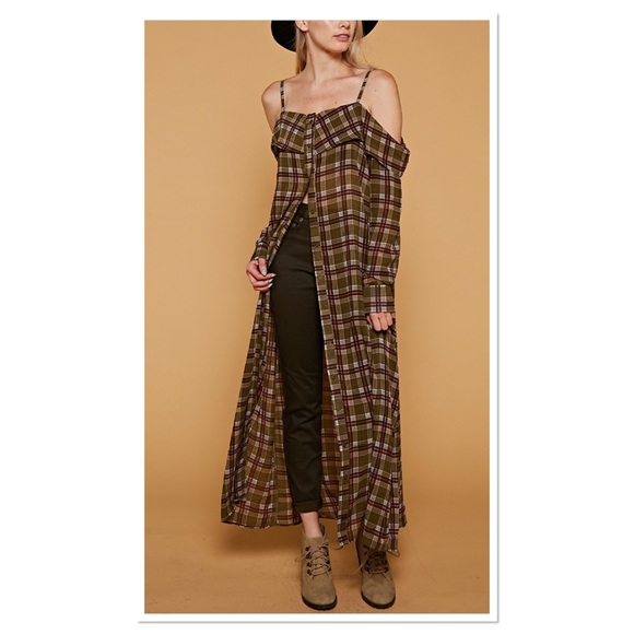 Boutique Tops - Olive Plaid Off- Shoulder Duster
